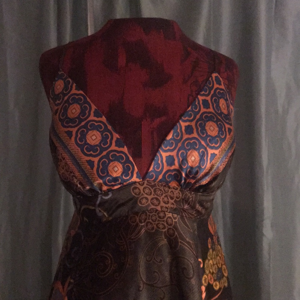 Single Dress boho brown silk print dress M - Picture 8 of 8